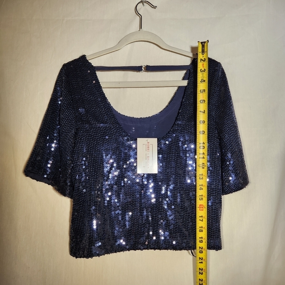 Free People Sequin beautiful  luxury blouse. Size XS Navy Blue top. NWT #party - Picture 4 of 7